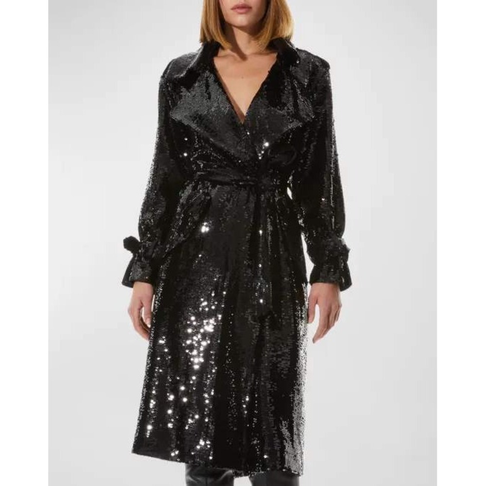 Alice+Olivia‎ Sequin Trench Coat Maxi Long Black Belted Evening Jacket XL NWT